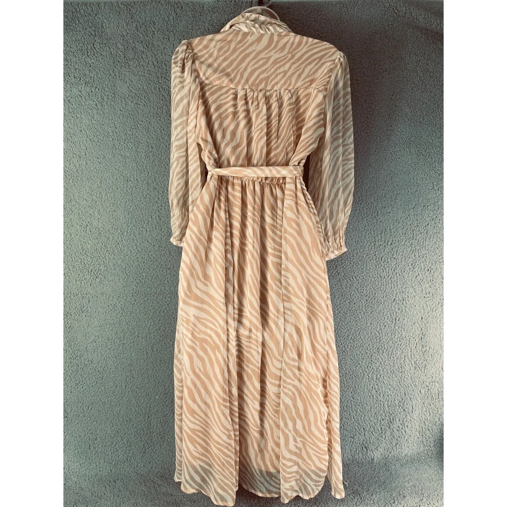 Harlow & Rose Beige Zebra Print Belted Collared‎ Midi Shirt Dress Women’s Size S